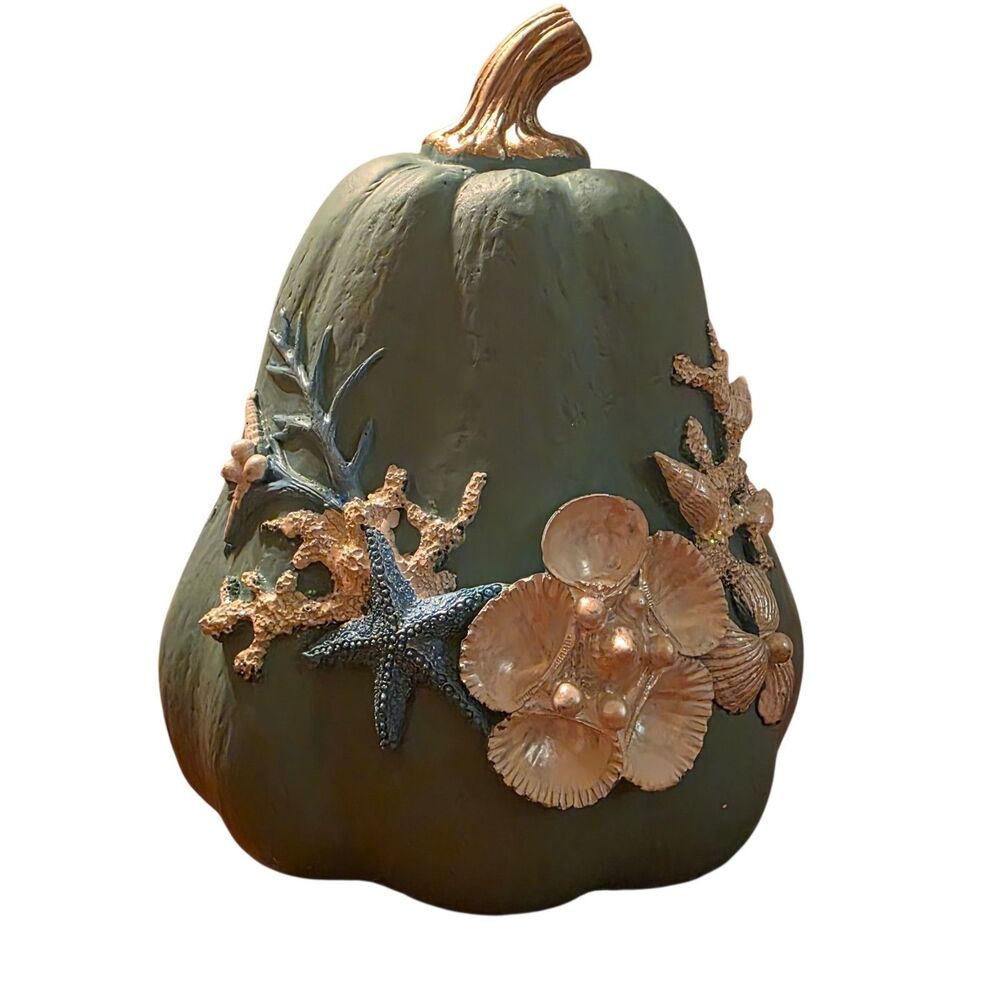 Seashell Costal Beach Fall Pumpkin Nautical Autumn Cottage Decor Beachy Teal